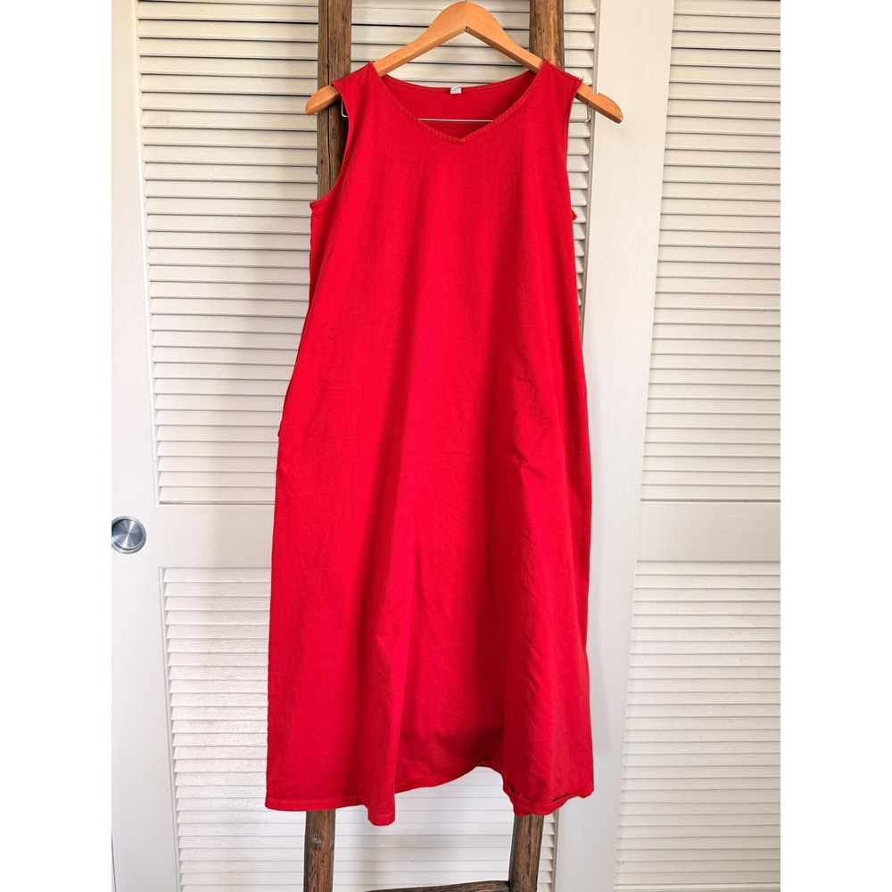 Uniqlo Sleeveless V-Neck Midi Dress Womens Size S Red  Cotton Pockets